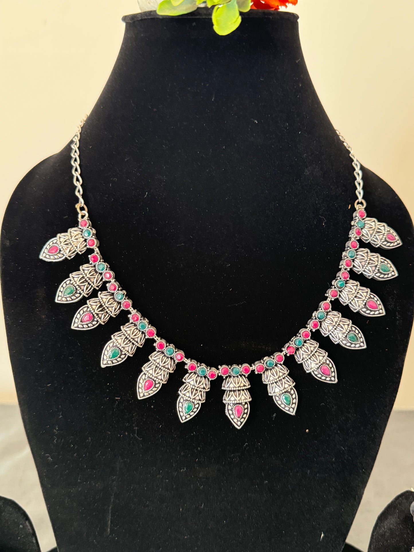 oxidized red and green stones embedded necklace set for women with earrings