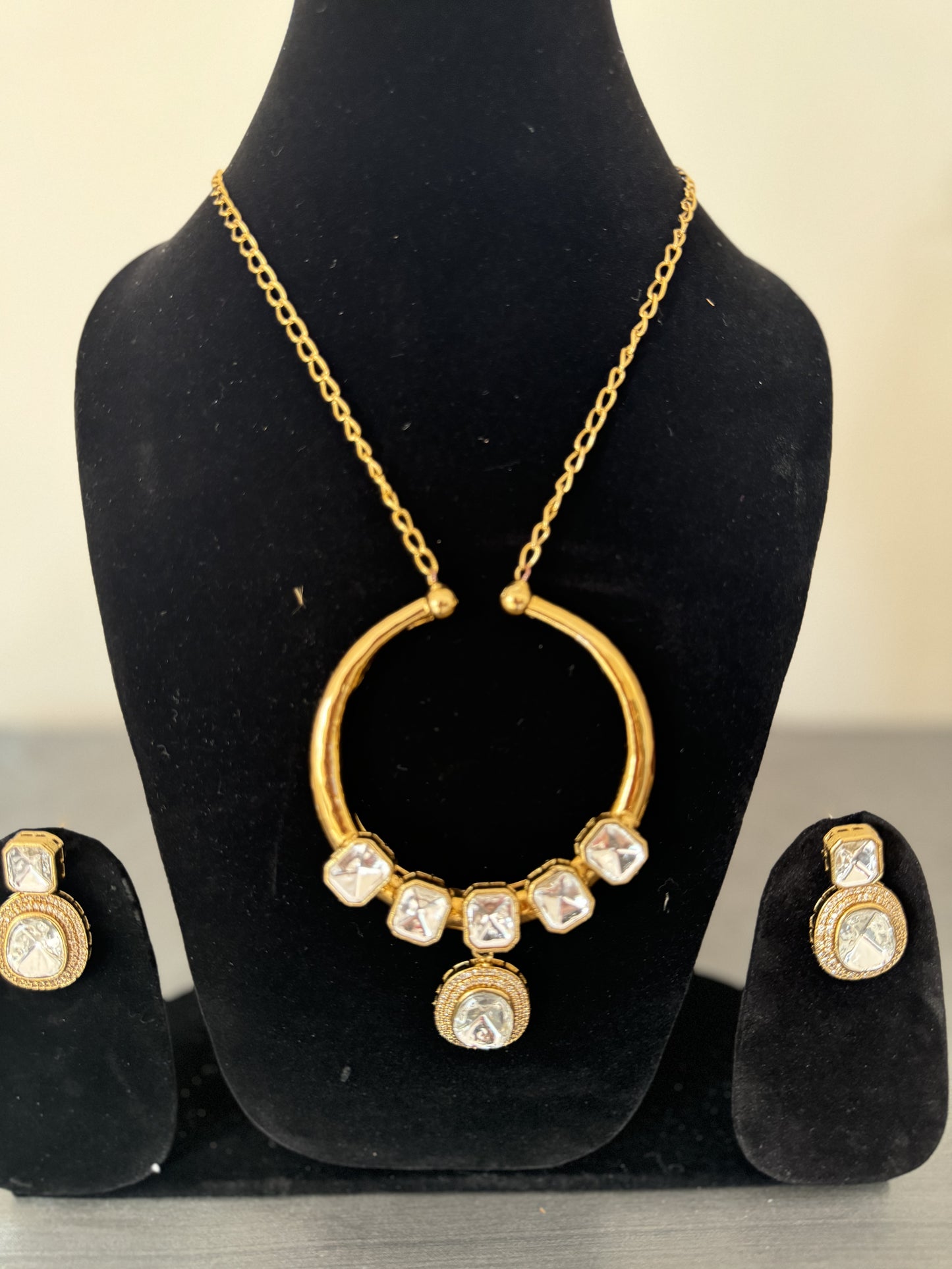 uncut polki diamond hasli style pendant long necklace set for women with earrings