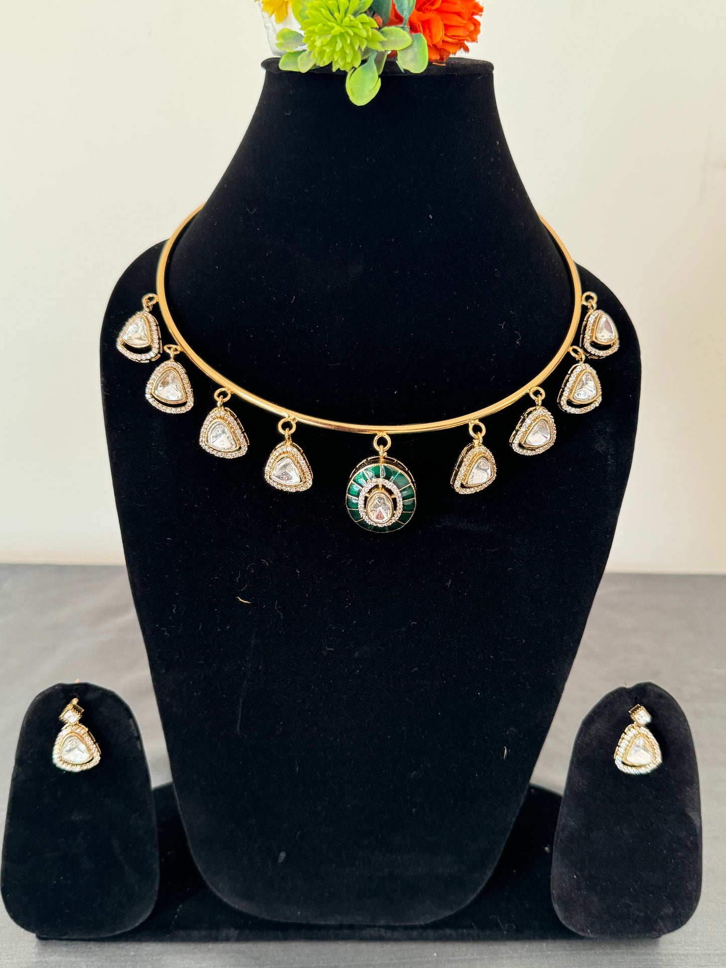 uncut diamond polki hasli style golden necklace set for women with earrings