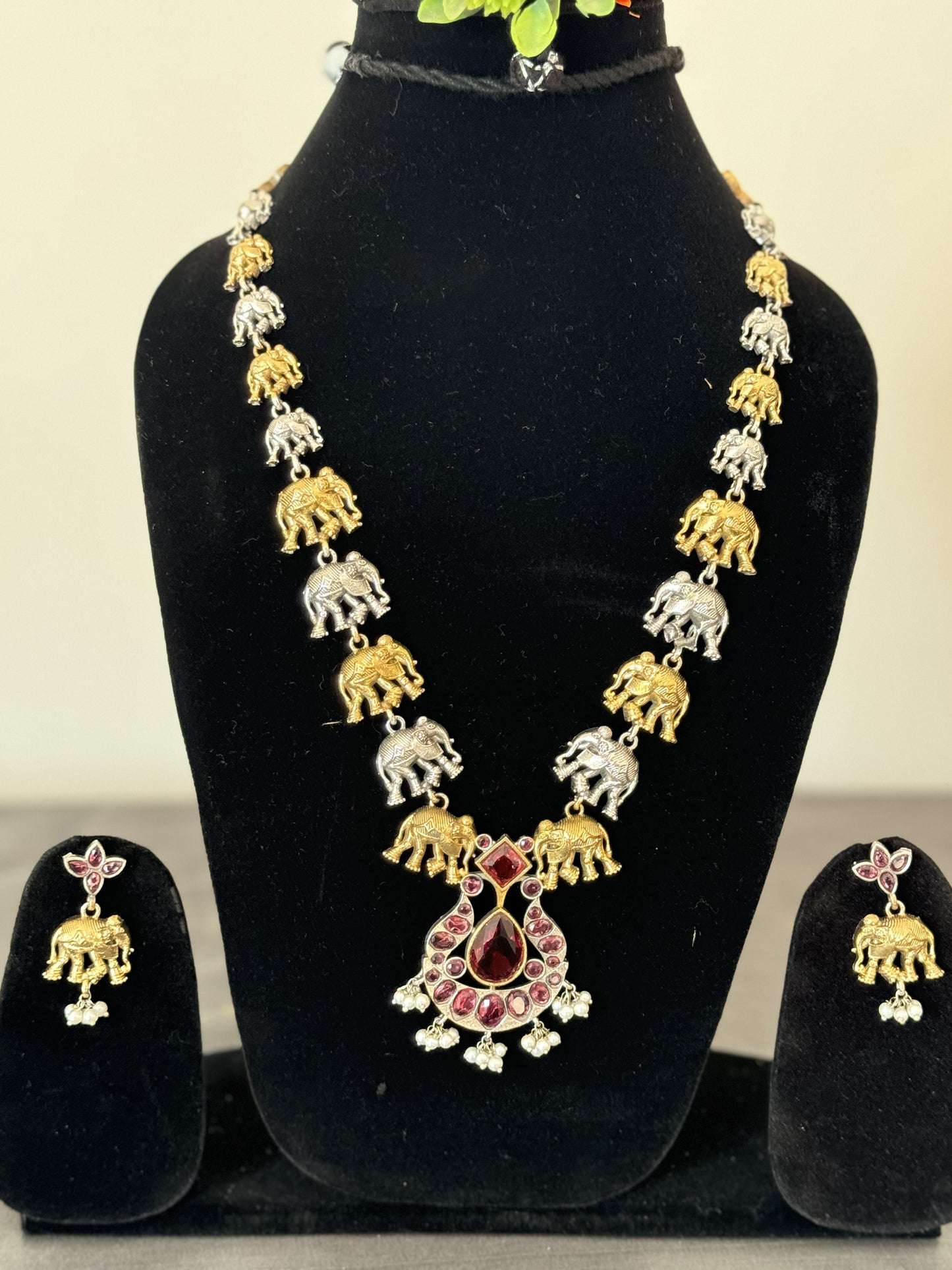 dual-toned with semi-precious ruby and pearl stones long necklace set for women with earrings