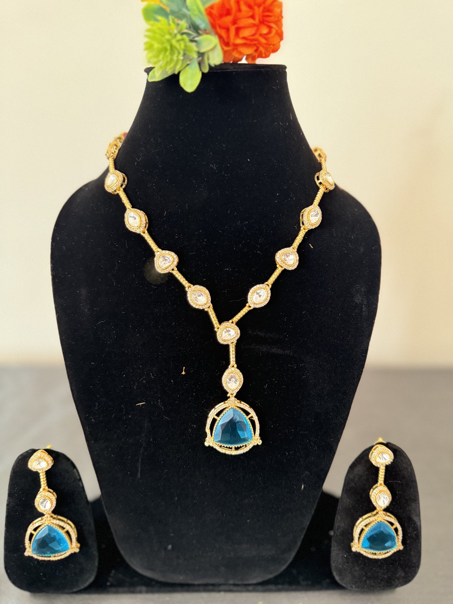 uncut polki diamonds with firozah stone necklace set for women with earrings