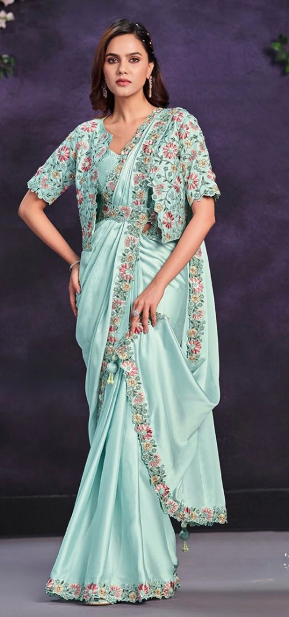 mint-green,satin-silk,pre-drapped,ready to wear saree with blouse and embroidered short shrug