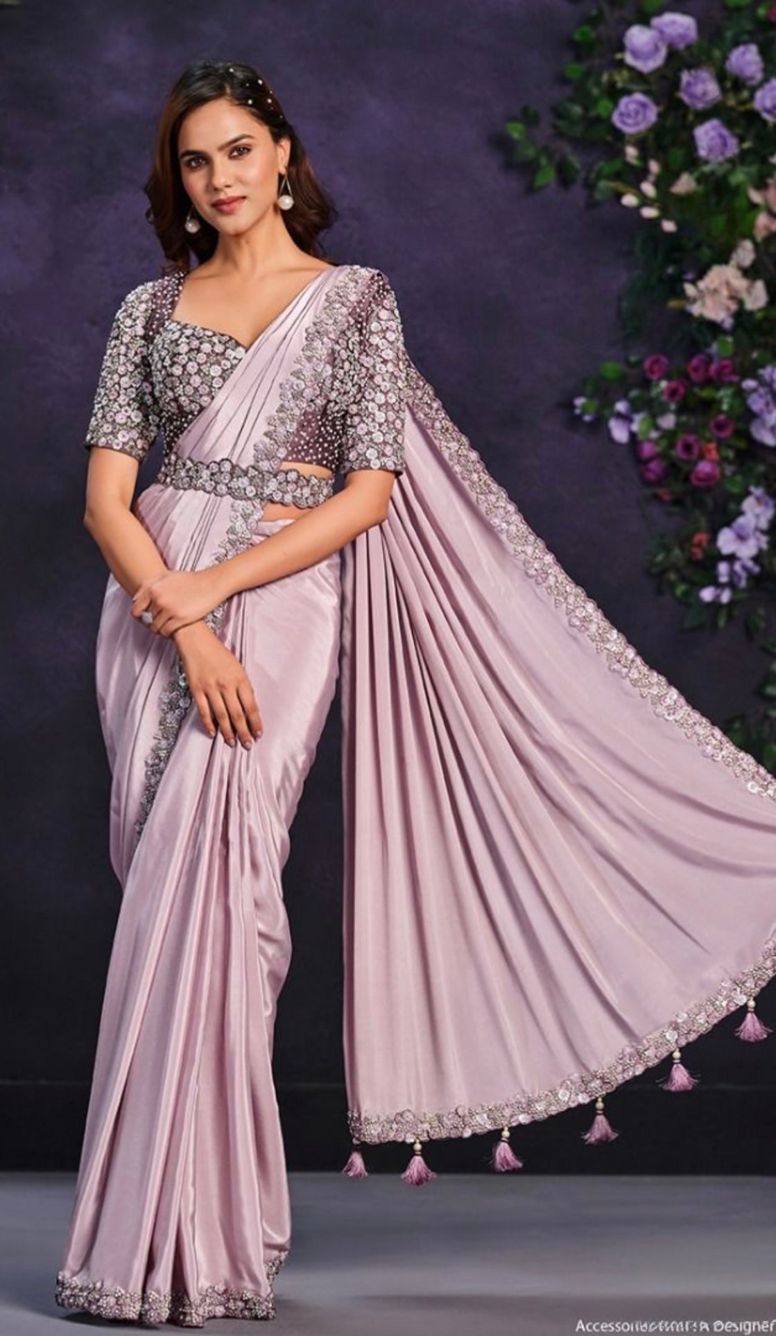 lilac-purple,satin silk,pre-drapped,ready to wear saree with blouse and belt