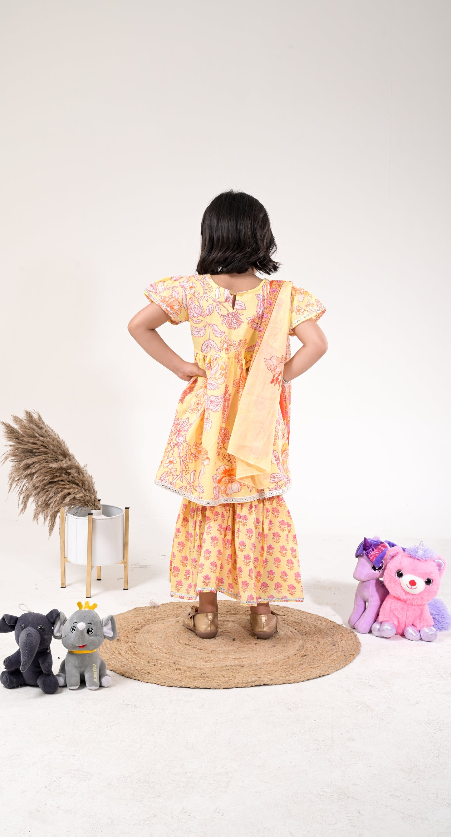 yellow pure cotton mirror work sharara set for kids