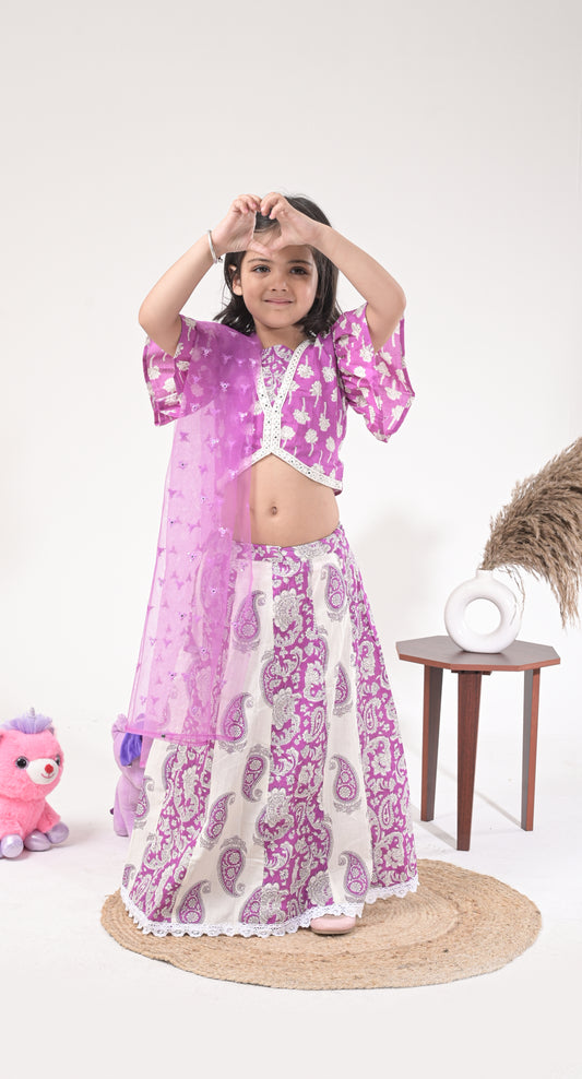 Off-White and Lavender Mirror-Work Pure Cotton Skirt-Top Set For Kids