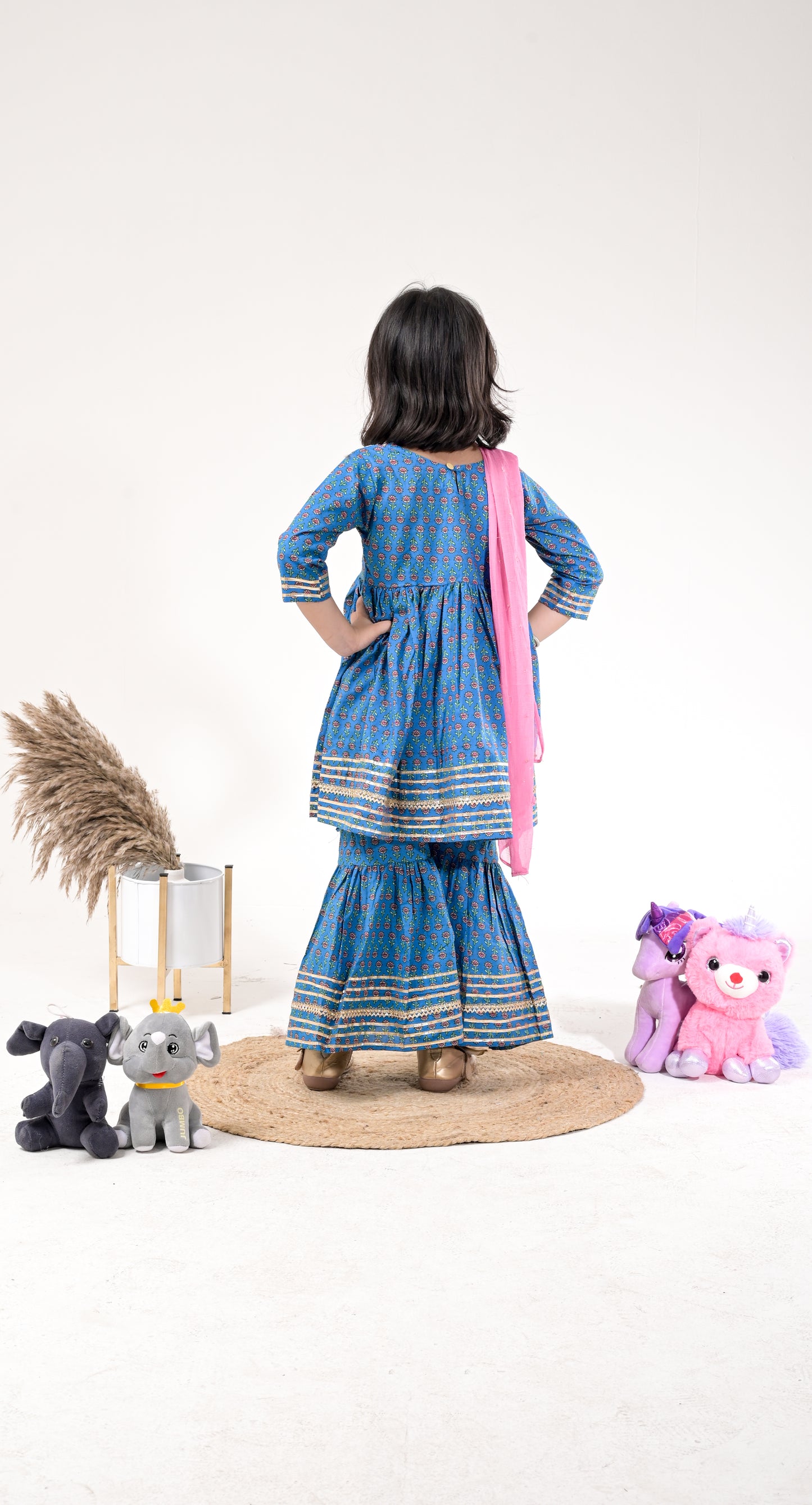 indigo pure cotton gota-work sharara set for kids and teenagers