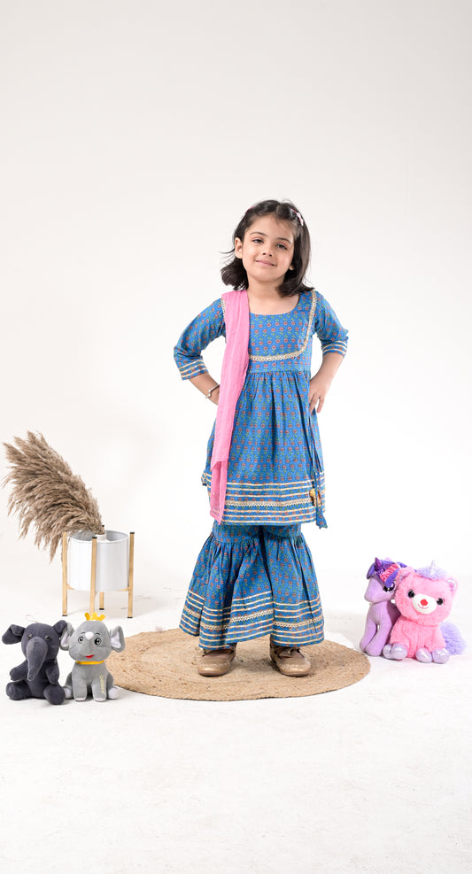 Indigo Pure Cotton Gota-Work Sharara Set for Kids and Teenagers