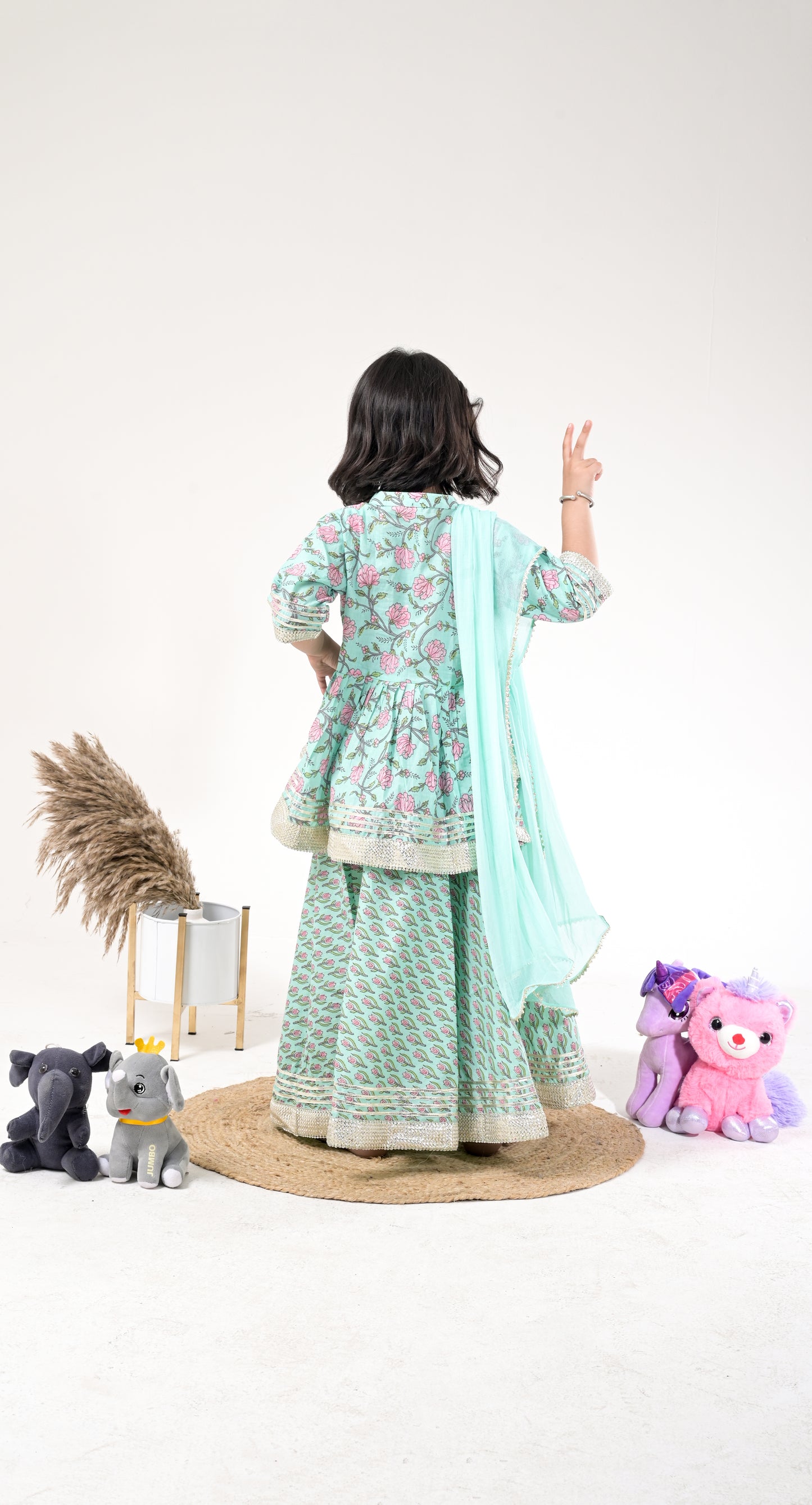 pastel green pure-cotton floral-print skirt with peplum-kurti and dupatta for kids and teenagers