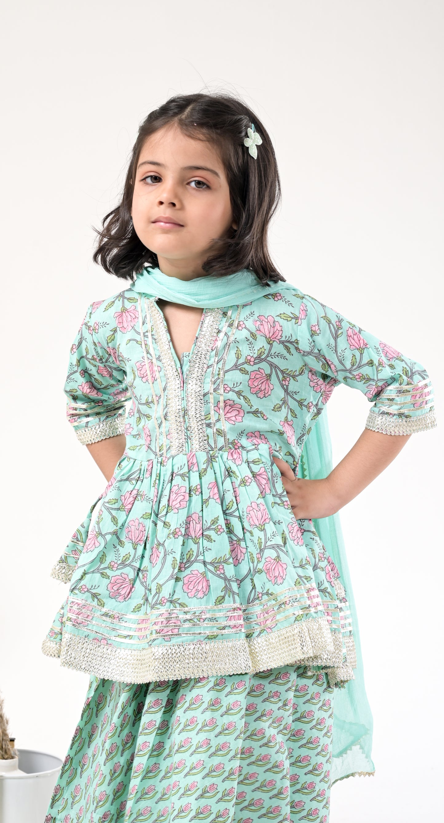 pastel green pure-cotton floral-print skirt with peplum-kurti and dupatta for kids and teenagers