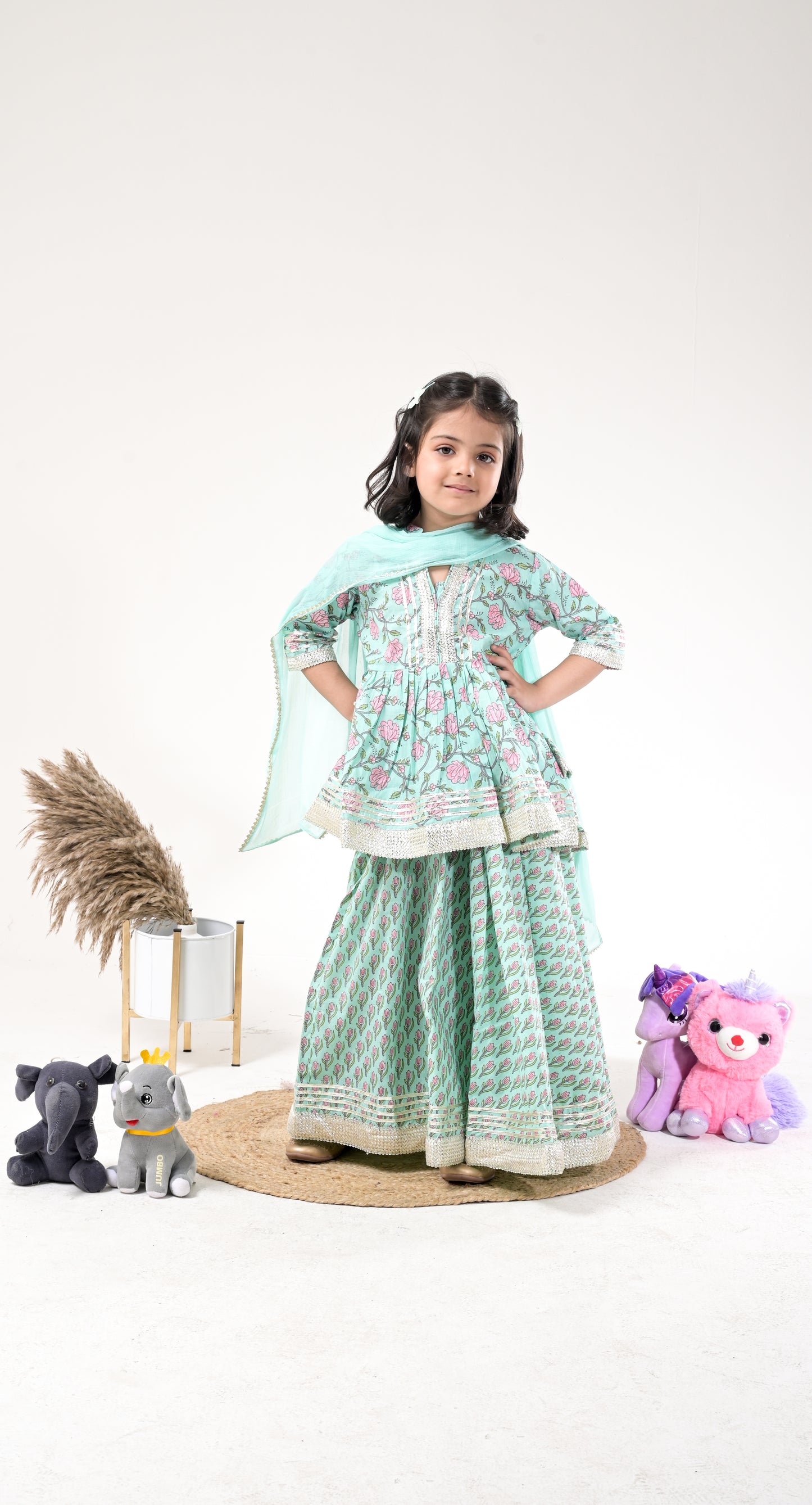 pastel green pure-cotton floral-print skirt with peplum-kurti and dupatta for kids and teenagers