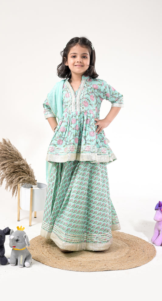 Pastel Green Pure-Cotton Floral-Print Skirt with Peplum-Kurti and Dupatta for Kids and Teenagers