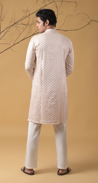 light peach embroidered cotton kurta-pyjama set for men