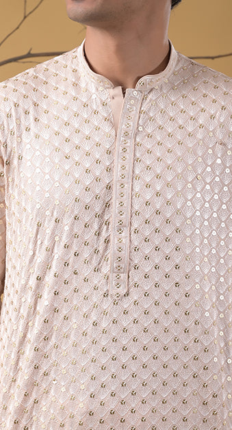 light peach embroidered cotton kurta-pyjama set for men