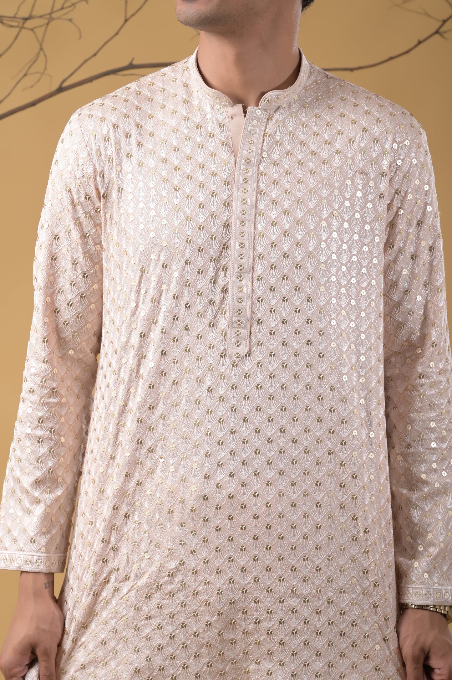 light peach embroidered cotton kurta-pyjama set for men