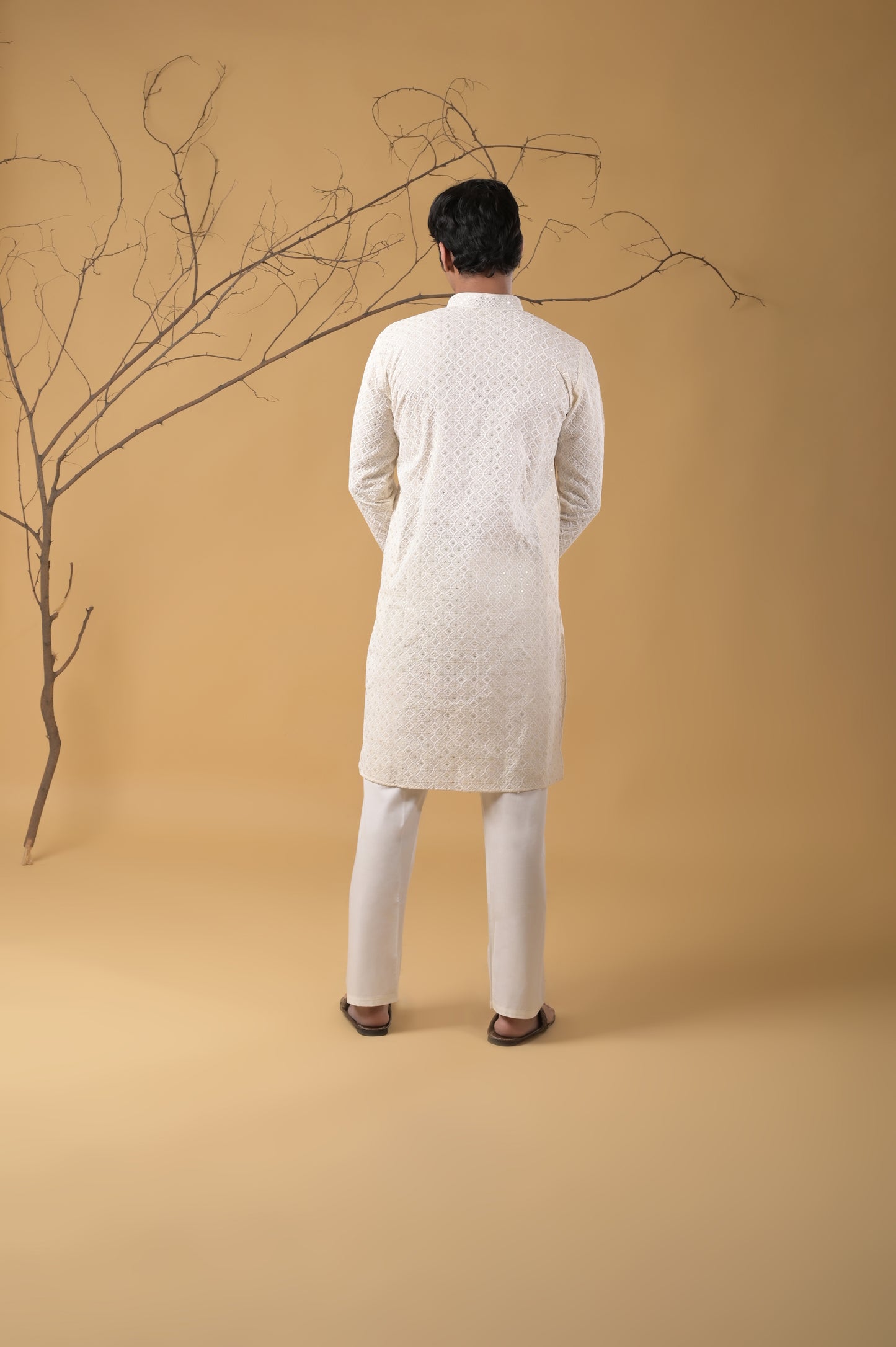 off-white self-embroidered cotton kurta-pyjama set for men