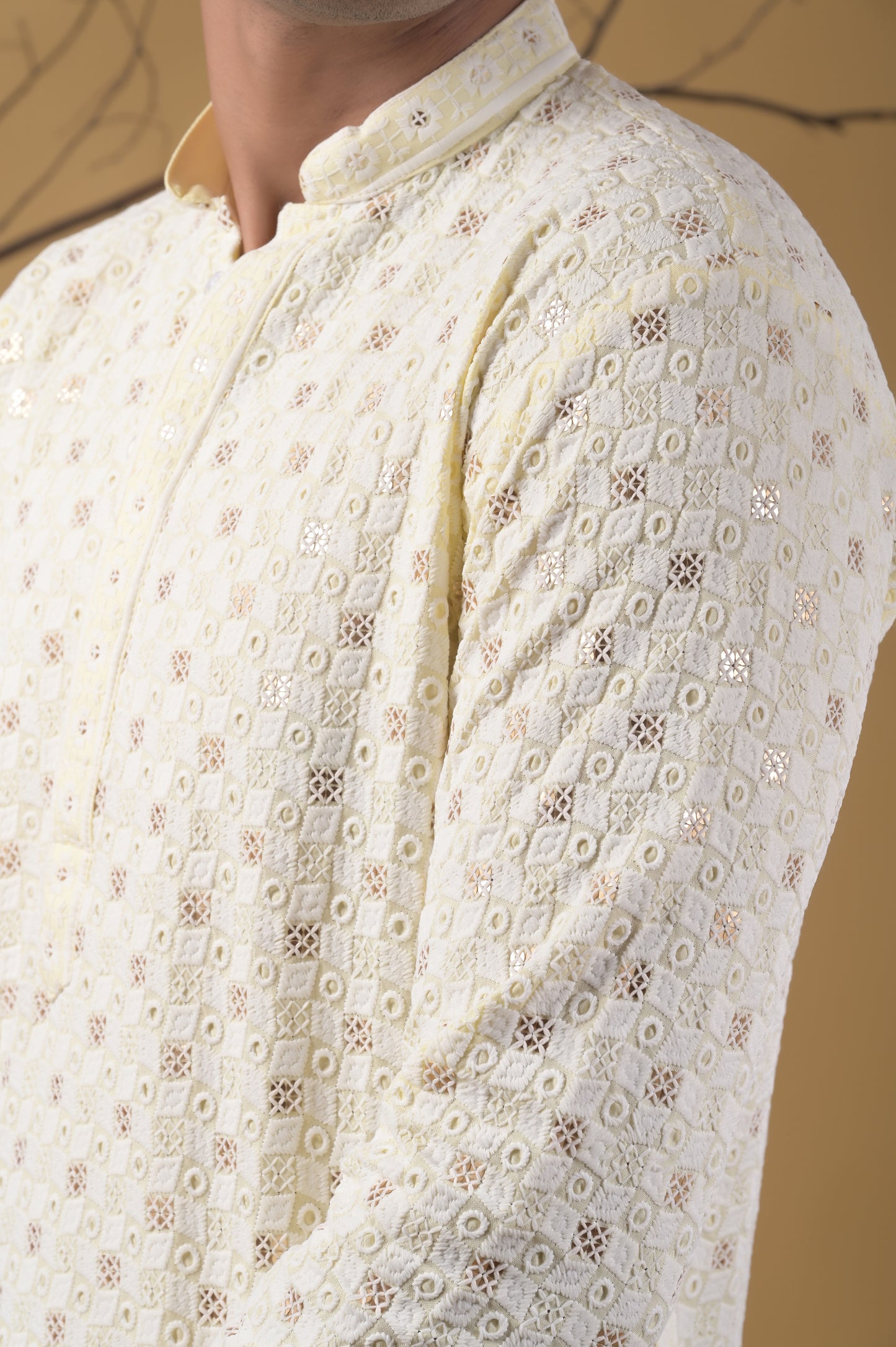 lemon-yellow embroidered cotton kurta-pyjama set for men