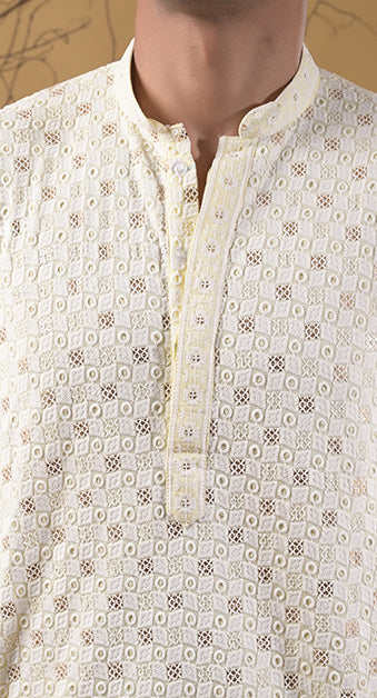 lemon-yellow embroidered cotton kurta-pyjama set for men
