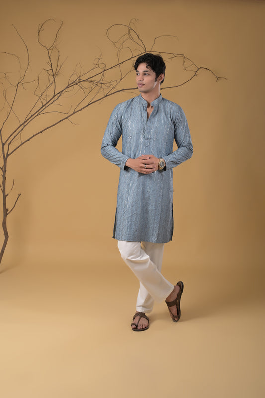 Grey Embroidered Cotton-Silk Kurta-Pyjama Set For Men