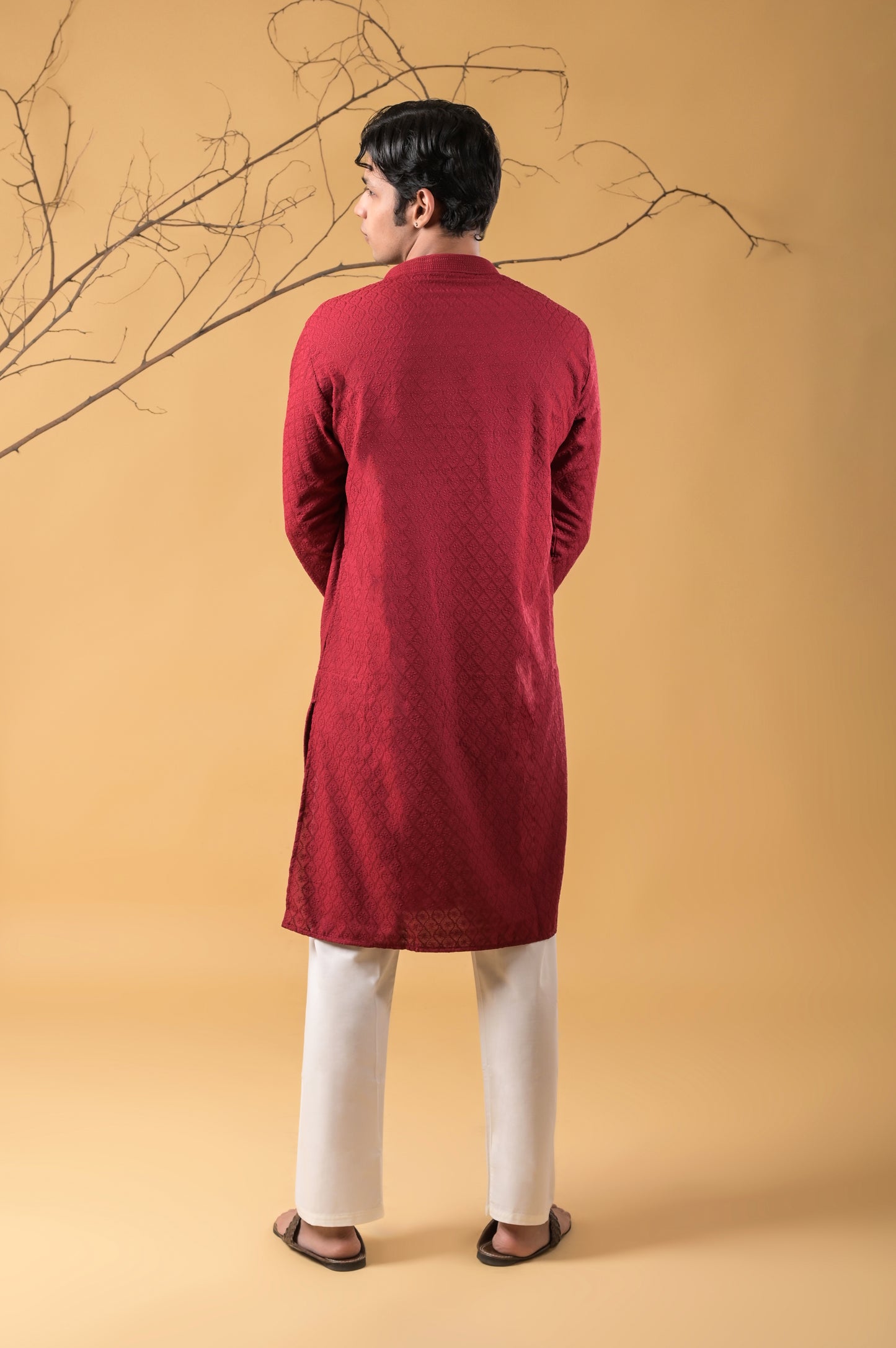 maroon self embroidered cotton kurta-pyjama set for men