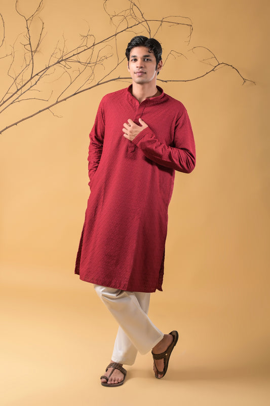 Maroon Self Embroidered Cotton Kurta-Pyjama set for Men