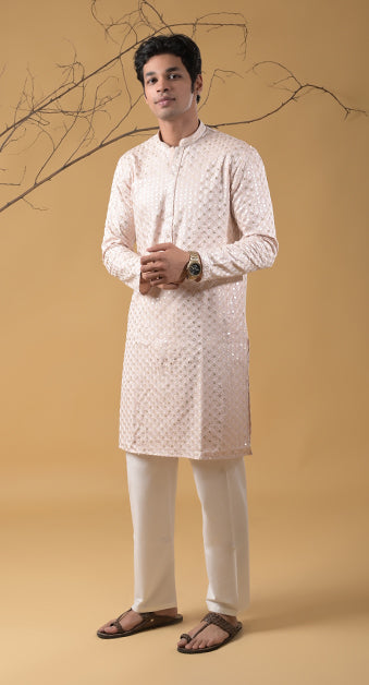 light peach embroidered cotton kurta-pyjama set for men