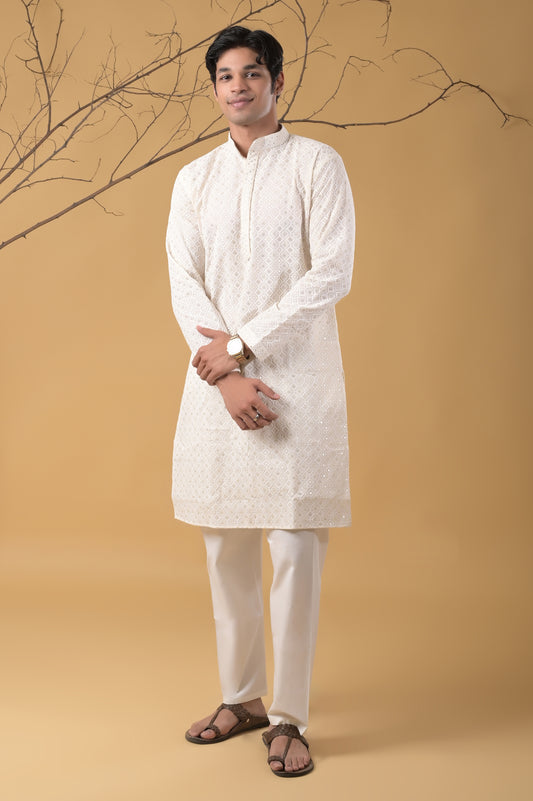 Off-White Self-Embroidered Cotton Kurta-Pyjama Set for Men