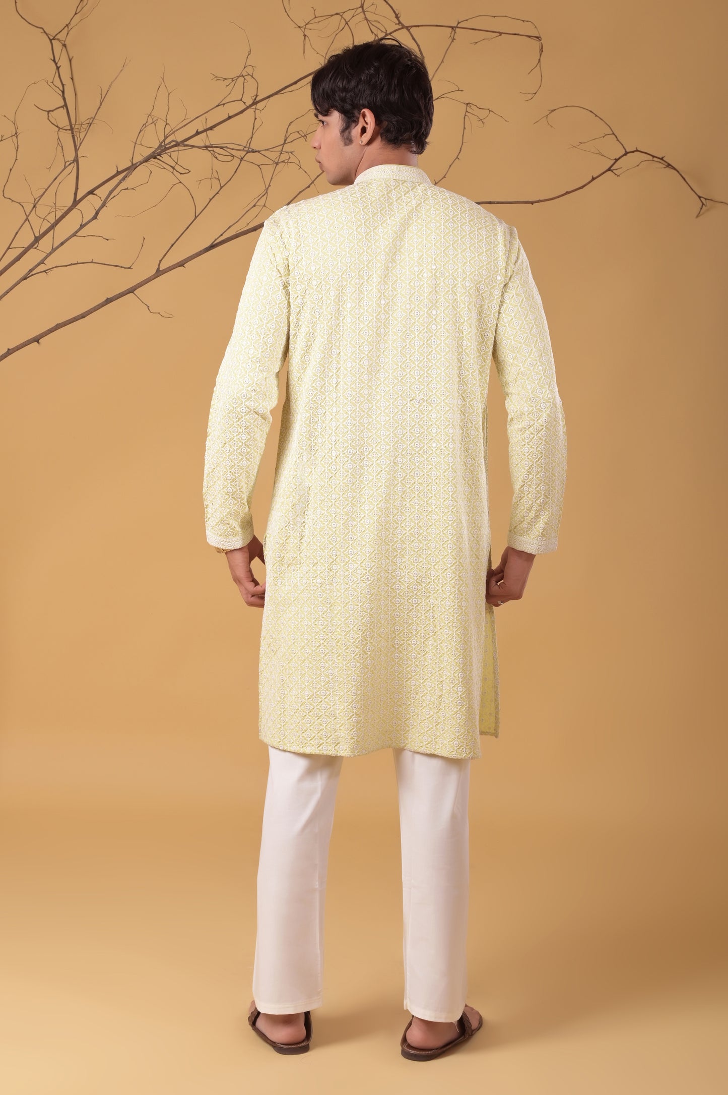 light-green embroidered cotton kurta-pyjama set for men