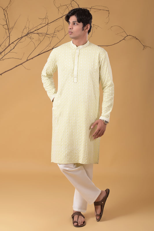Light-Green Embroidered Cotton Kurta-Pyjama Set for Men