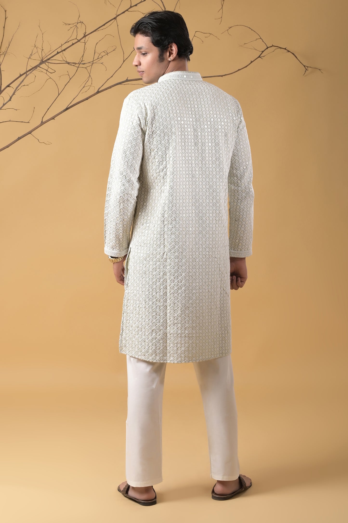 pista-green embroidered cotton kurta-pyjama set for men