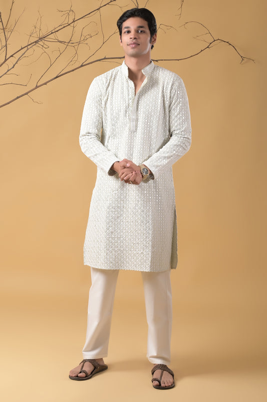 Pista-Green Embroidered Cotton Kurta-Pyjama Set for Men