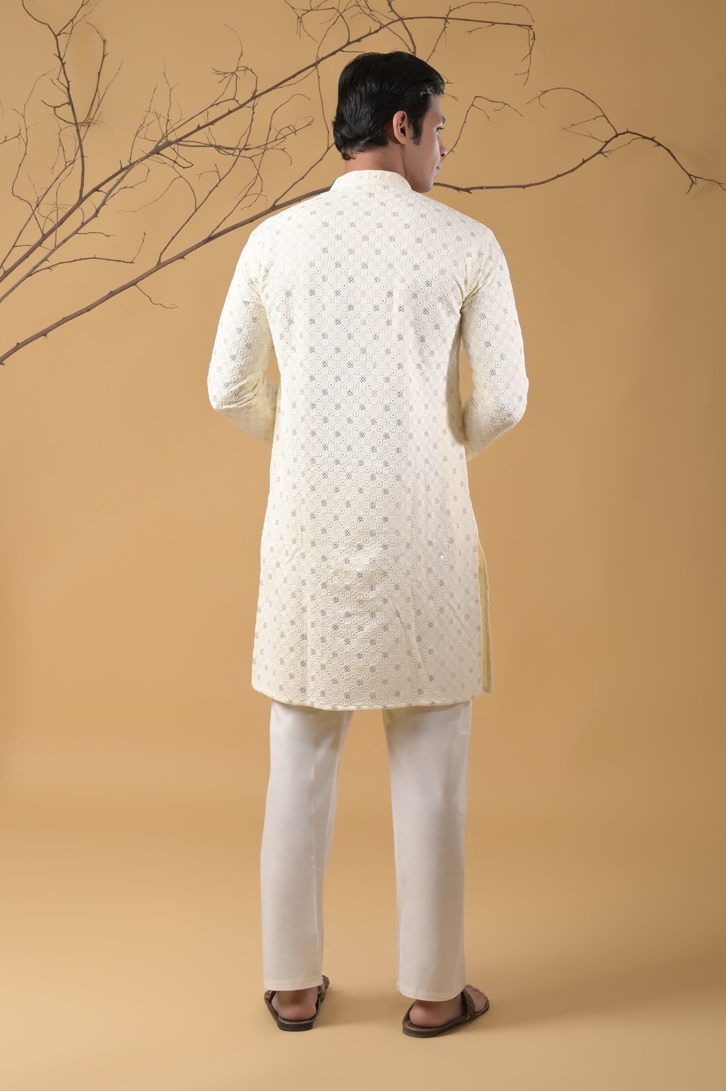 lemon-yellow embroidered cotton kurta-pyjama set for men