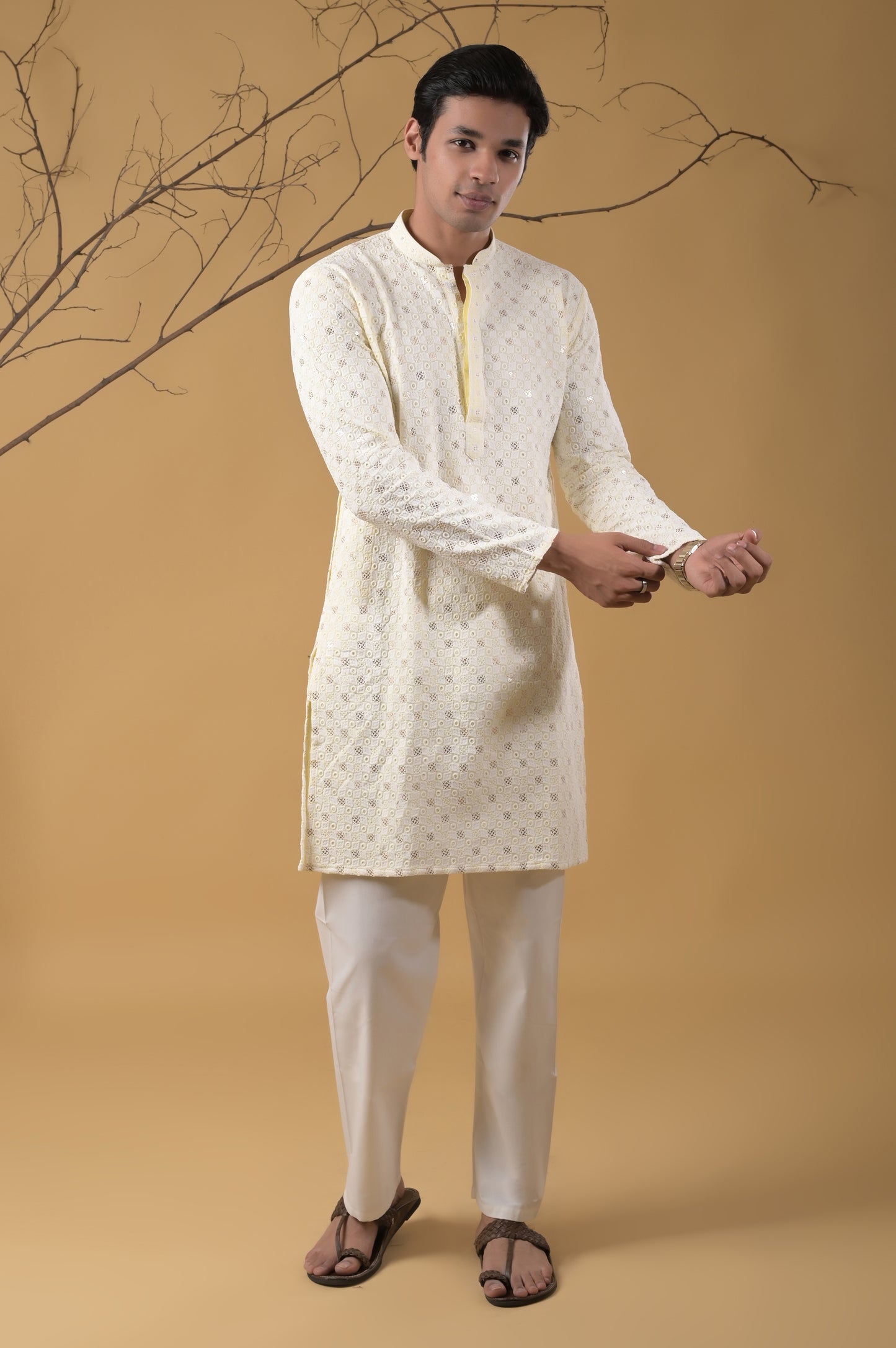 lemon-yellow embroidered cotton kurta-pyjama set for men