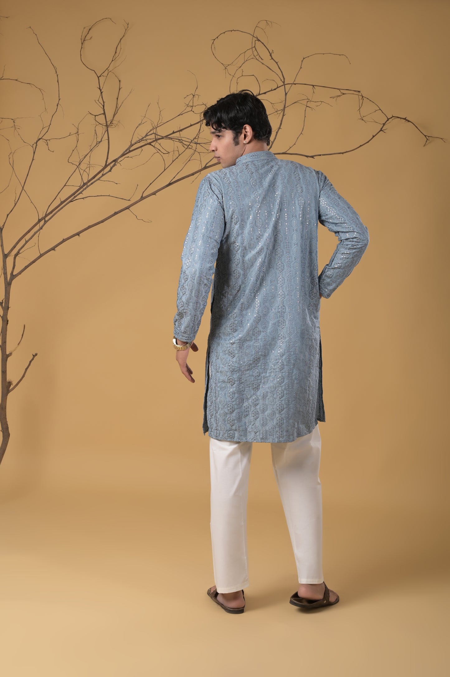 grey embroidered cotton-silk kurta-pyjama set for men