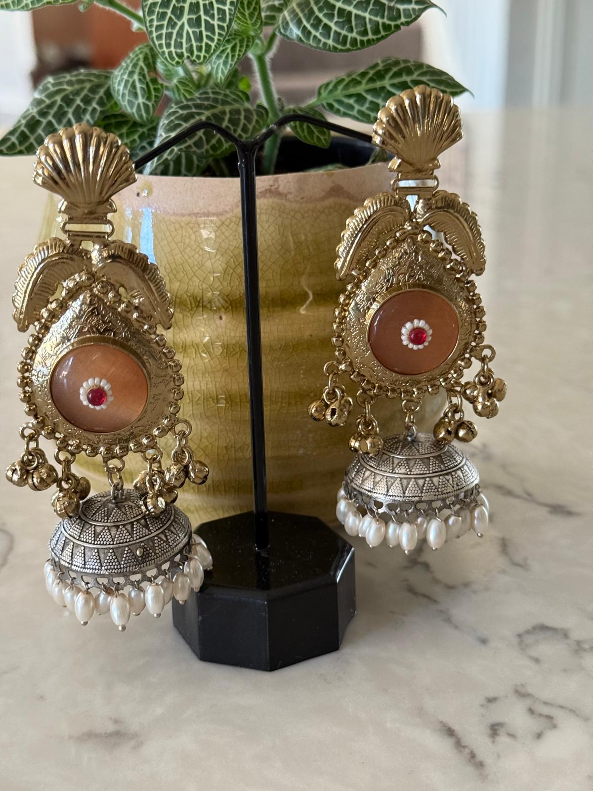 dual-tone, peach stone embedded with pearl beads jhumki style long earrings for women