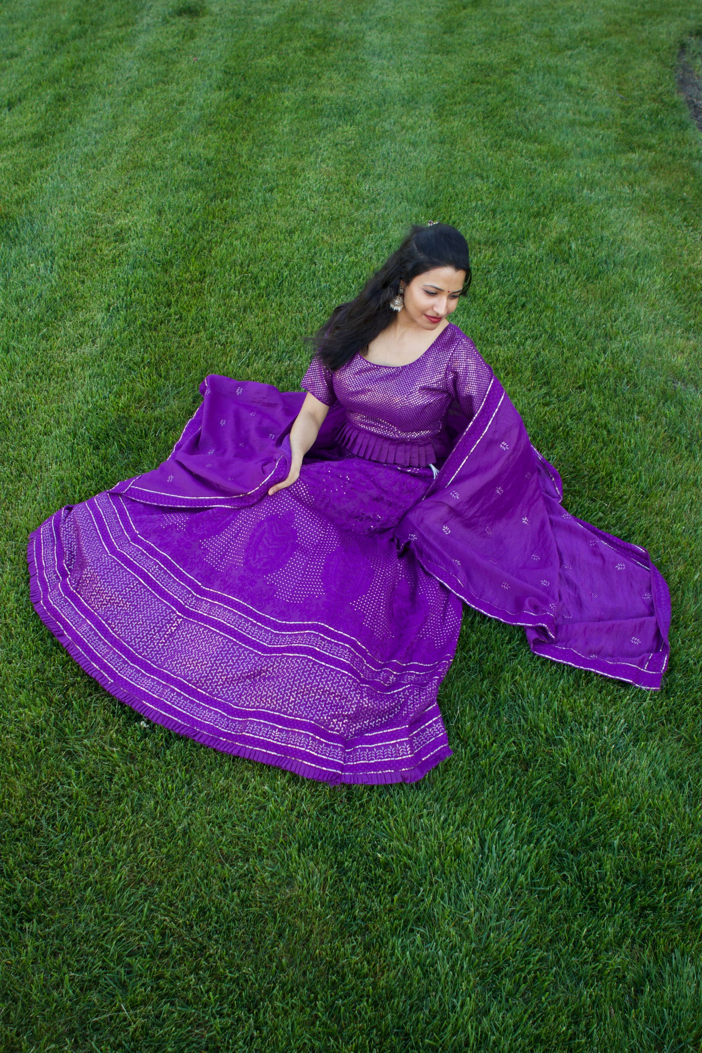 purple, lucknowi embroidered with sequence work, peplum blouse, georgette lehnga