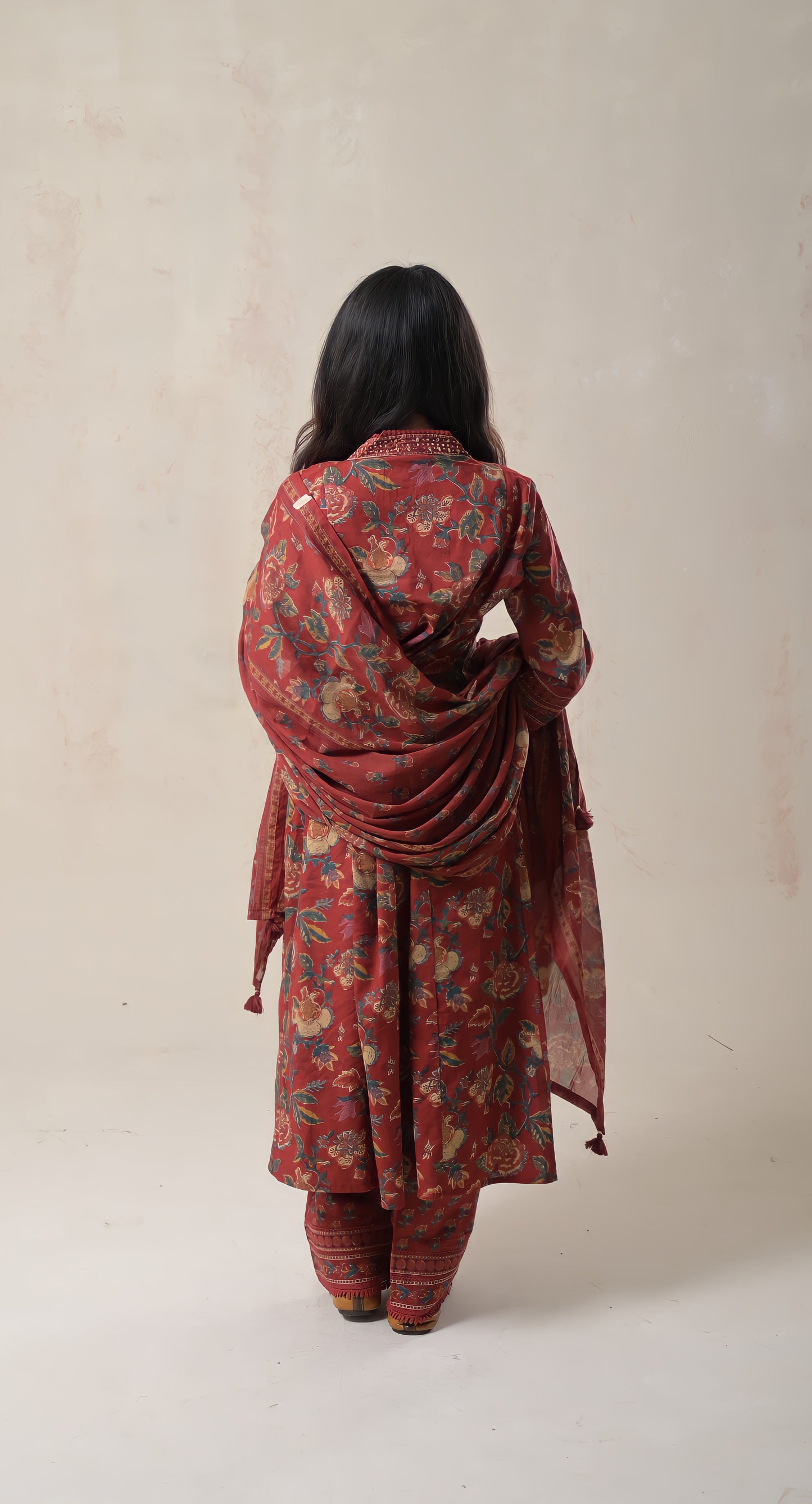 maroon pure cotton sanganeri print anarkali suit set with cotton dupatta