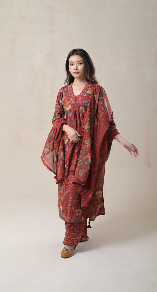 Maroon Pure Cotton Sanganeri Print Anarkali Suit Set with Cotton Dupatta