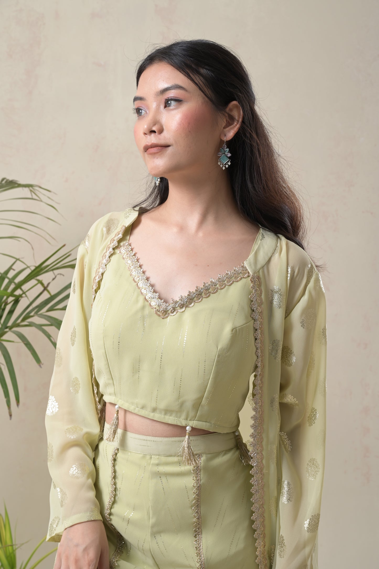 pistachio green tulip pants & crop top set for women | georgette festive wedding outfit usa