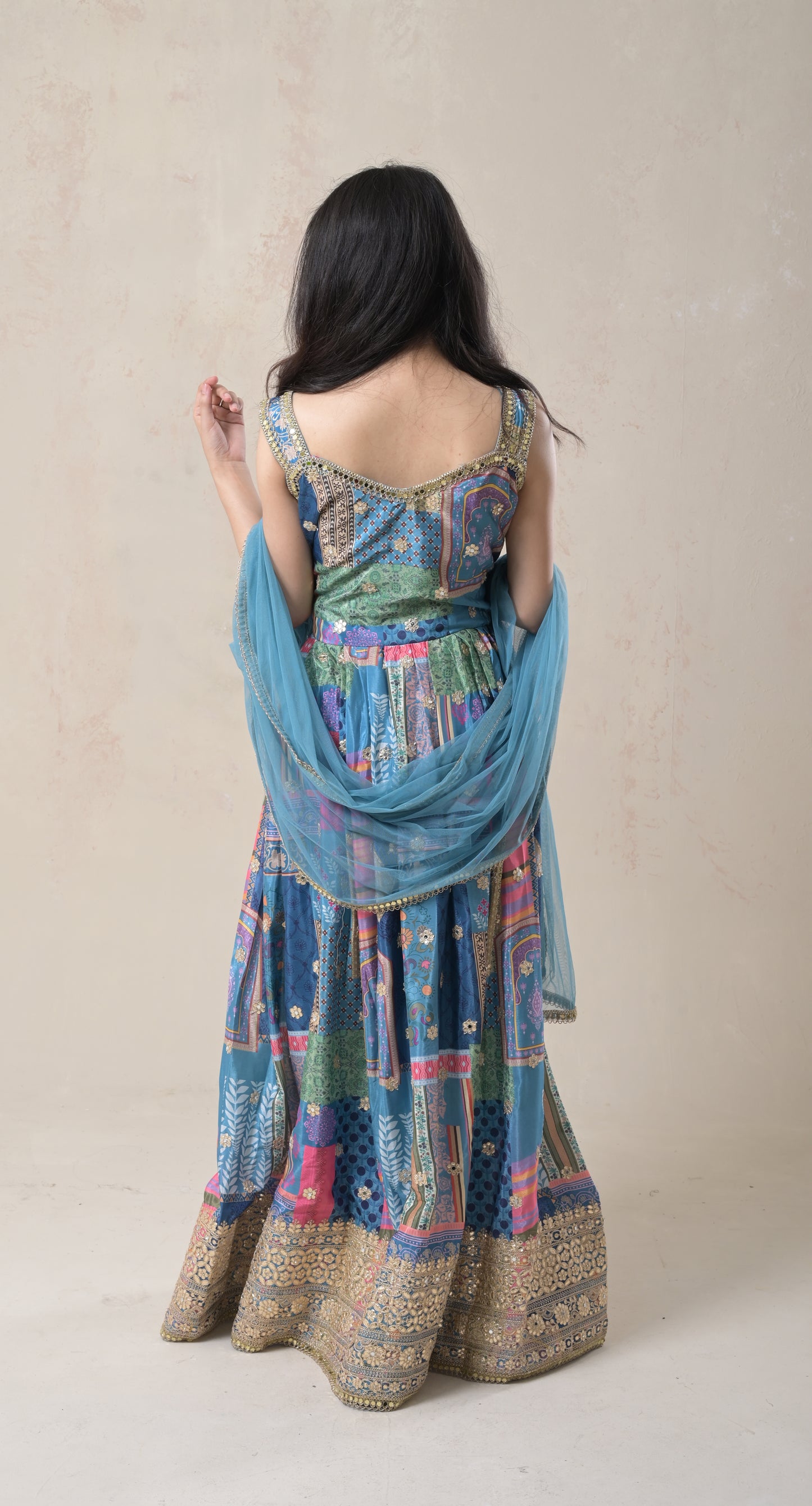 light blue crepe gown with multicolor printing, gota patti & mirror work with dupatta and trousers