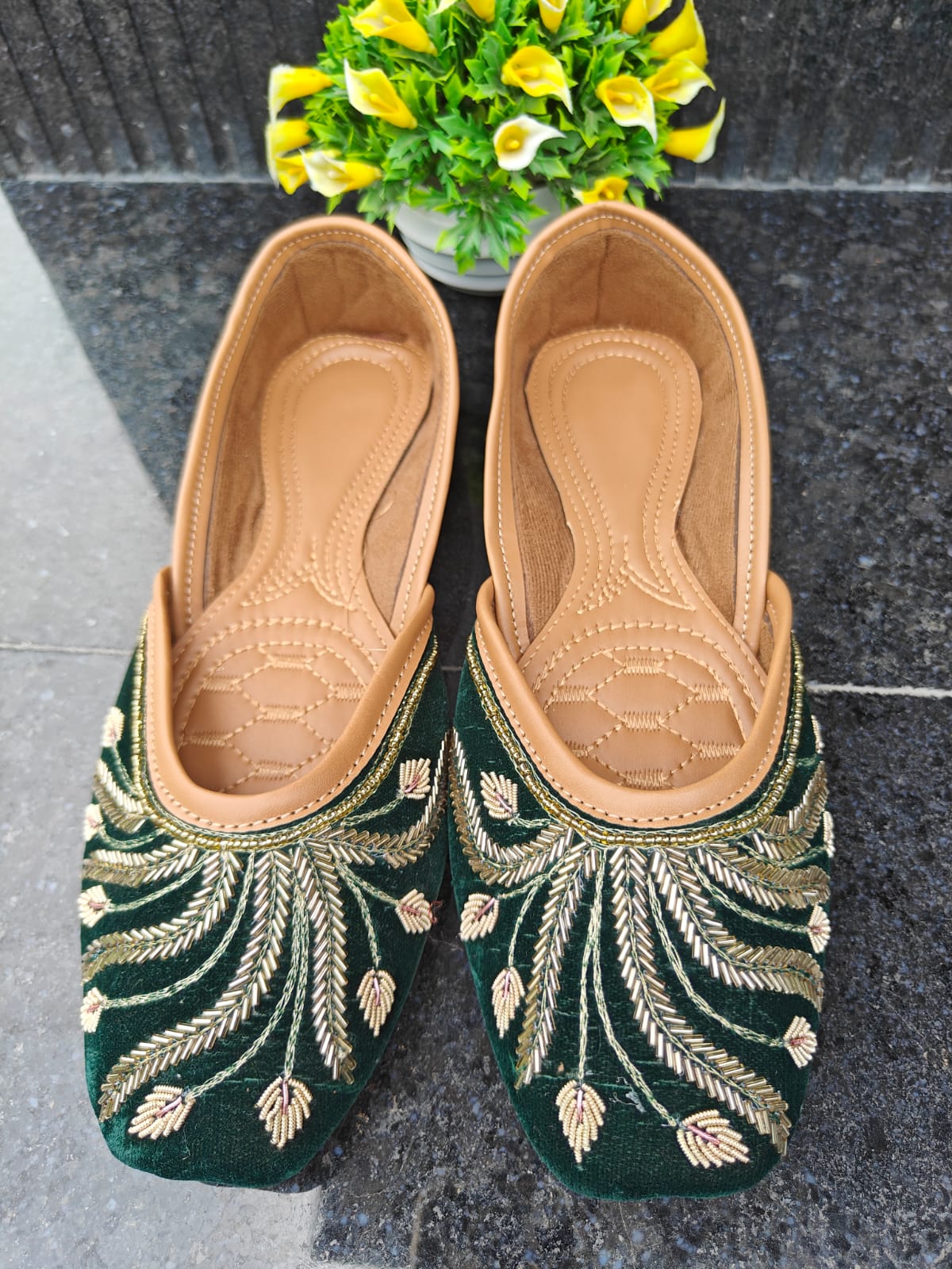 bottle green, cutdana & zardosi work, velvet , mojries / jutties