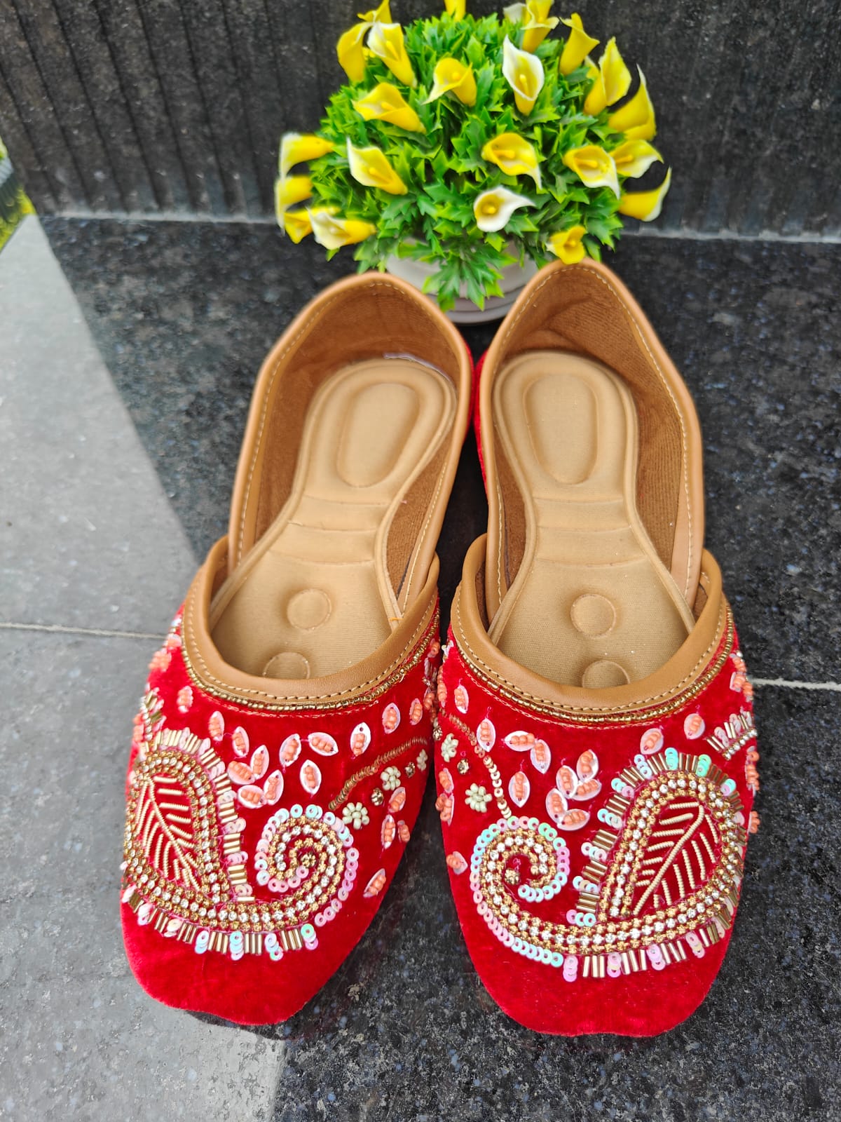 red paisley, motif embroidered, cushion support, velvet mojries/jutties