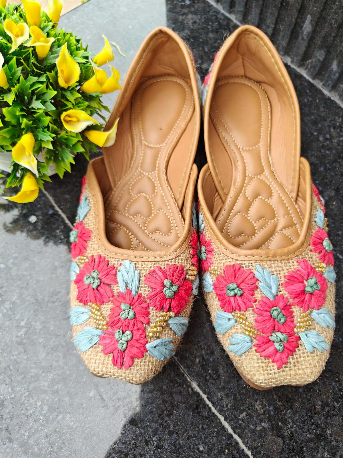 brown , floral embroidered, cushion support, jute mojries/jutties