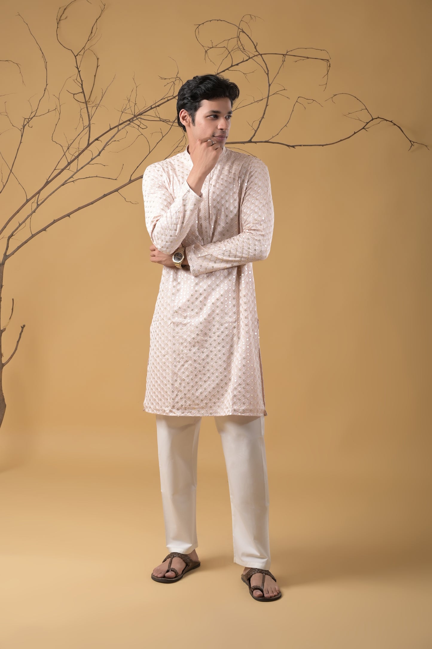 light peach embroidered cotton kurta-pyjama set for men