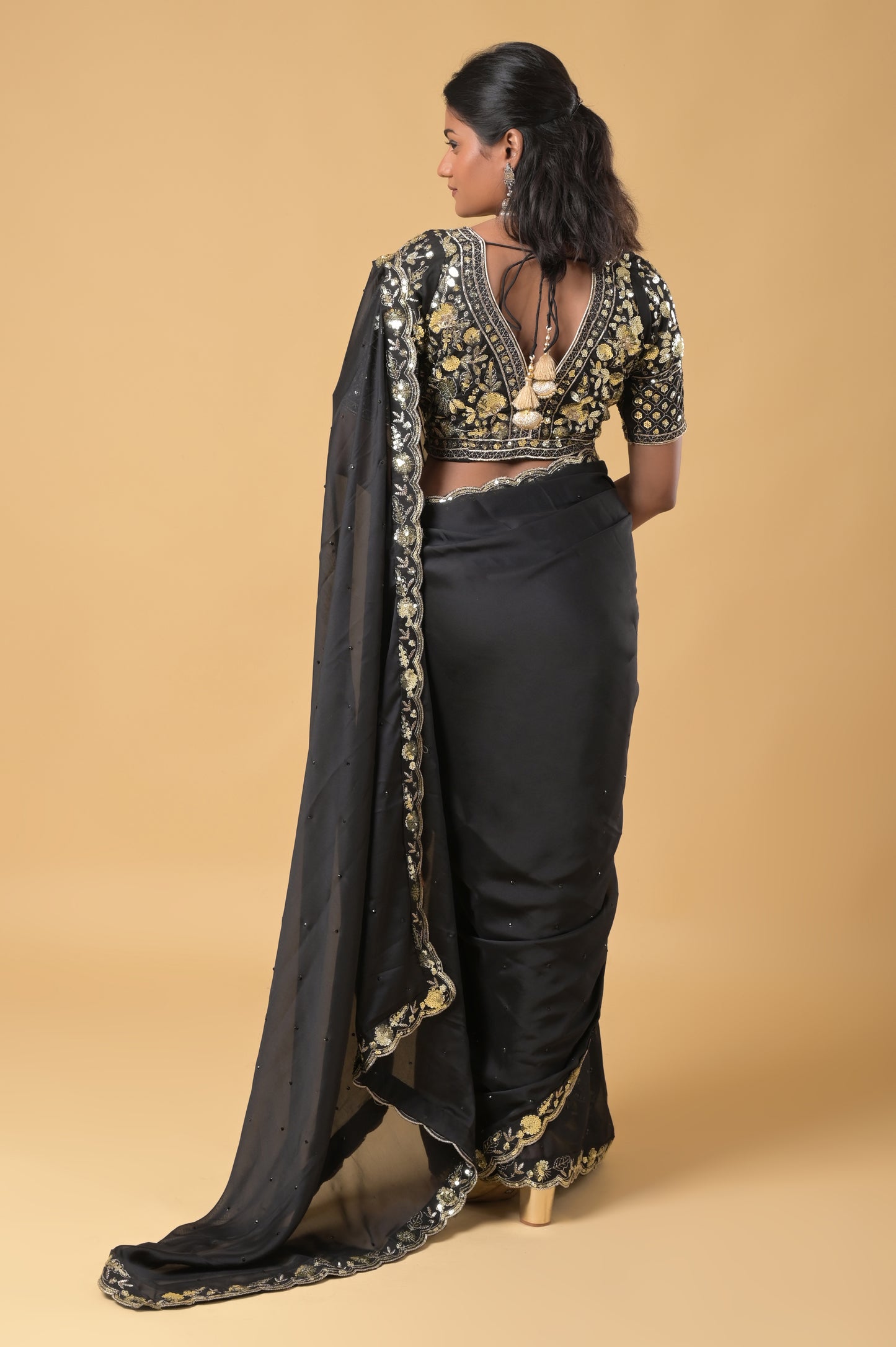 black premium sequins embroidered rangoli silk saree with stitched blouse