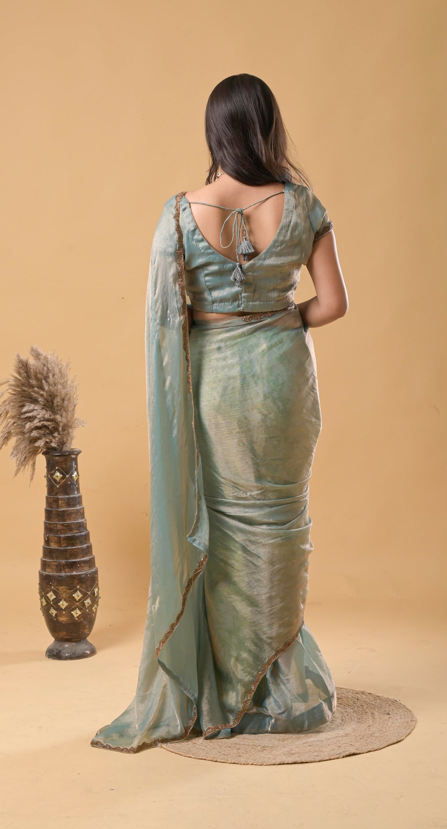 dual shaded blue-gold with golden embroidery fancy chiffon saree with stiched blouse