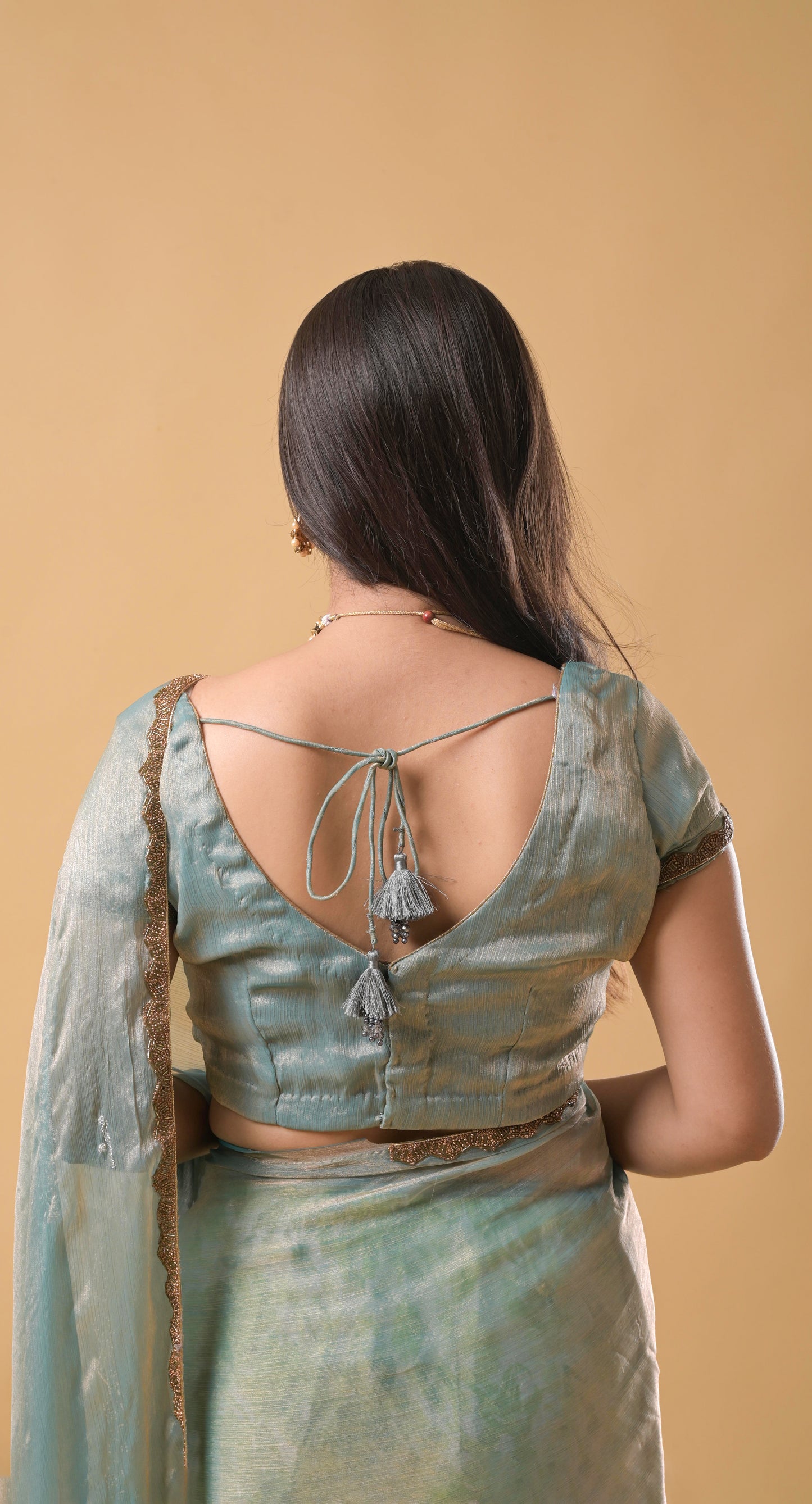 dual shaded blue-gold with golden embroidery fancy chiffon saree with stiched blouse