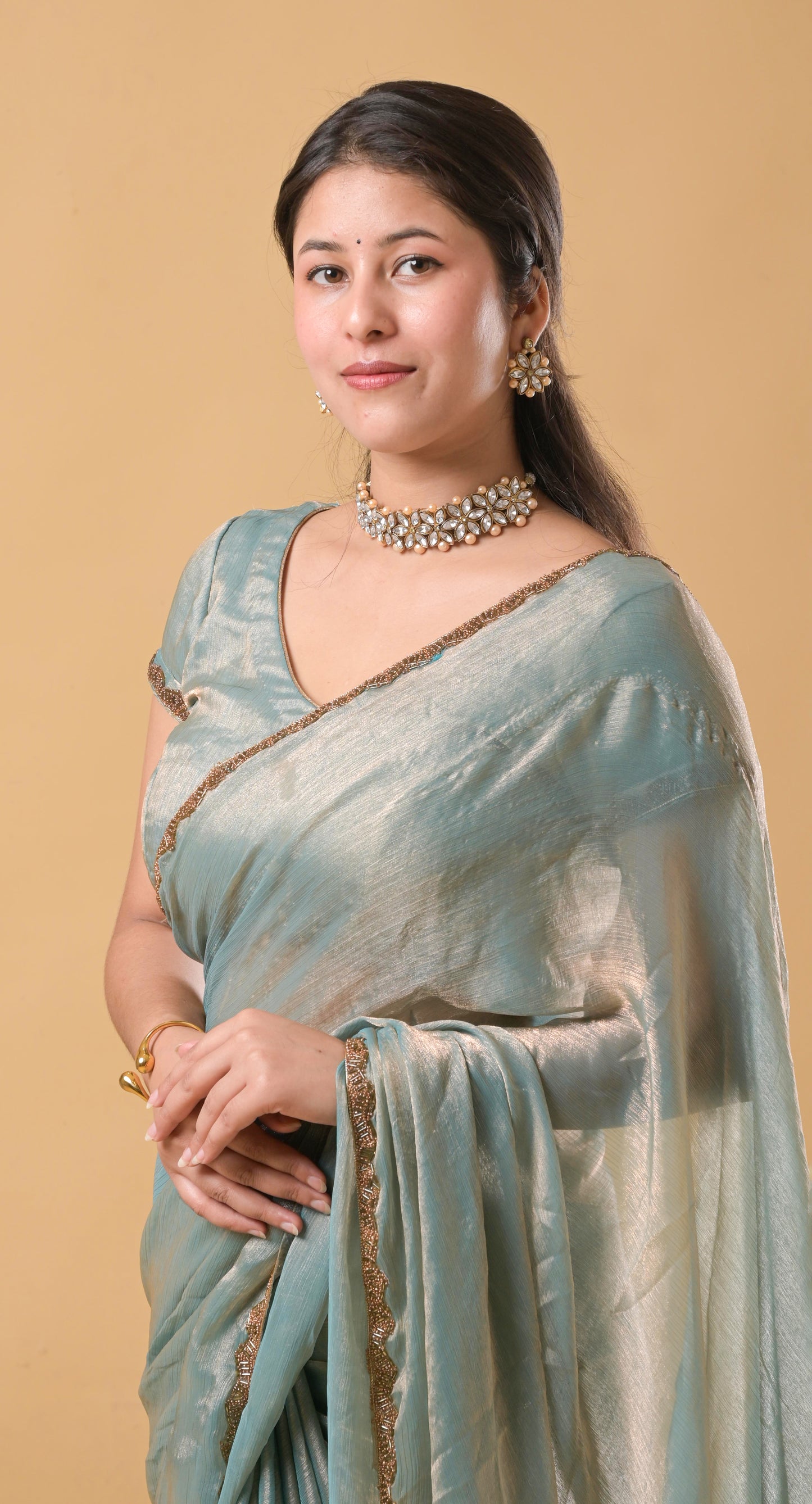 dual shaded blue-gold with golden embroidery fancy chiffon saree with stiched blouse