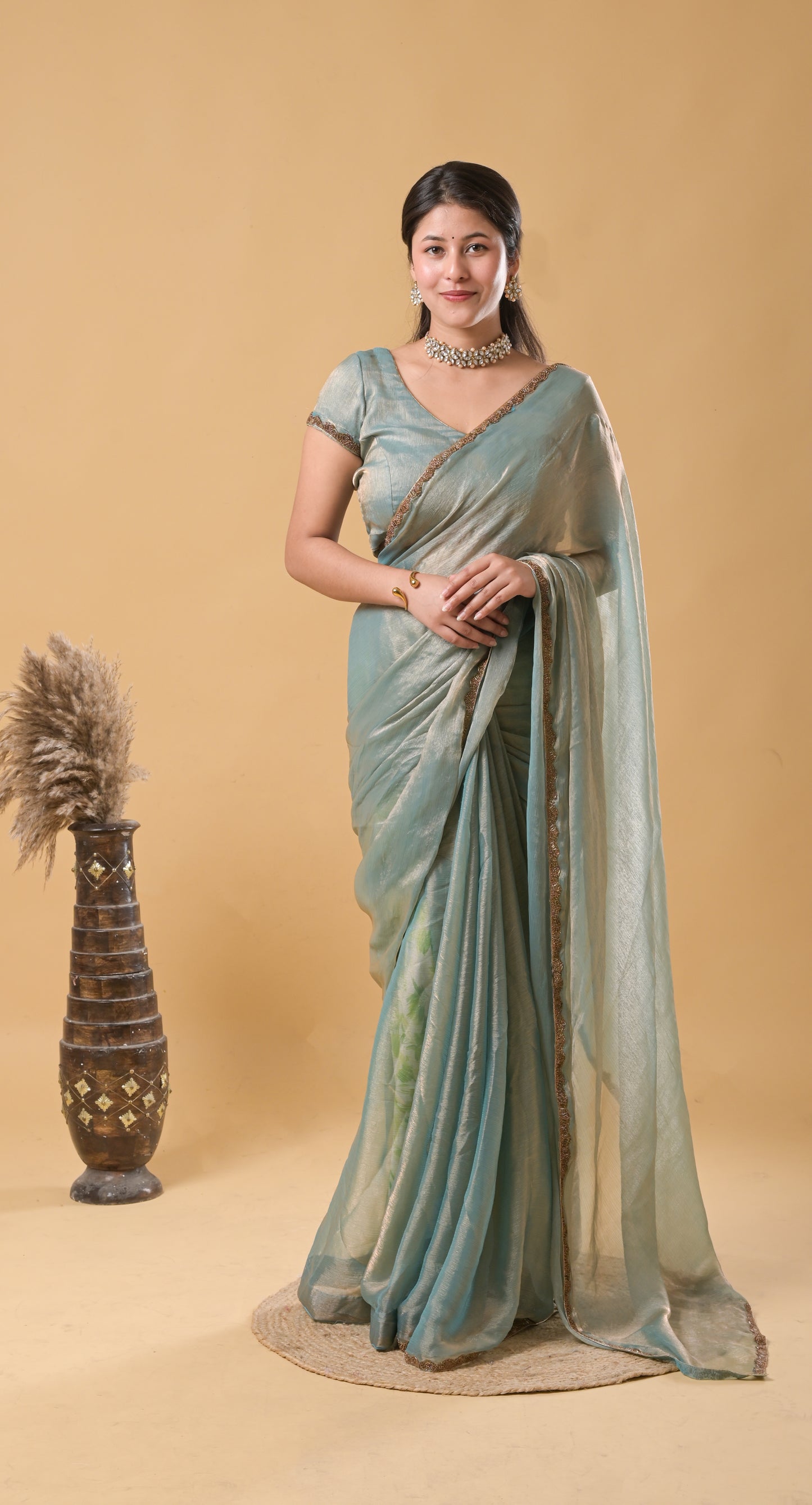 dual shaded blue-gold with golden embroidery fancy chiffon saree with stiched blouse