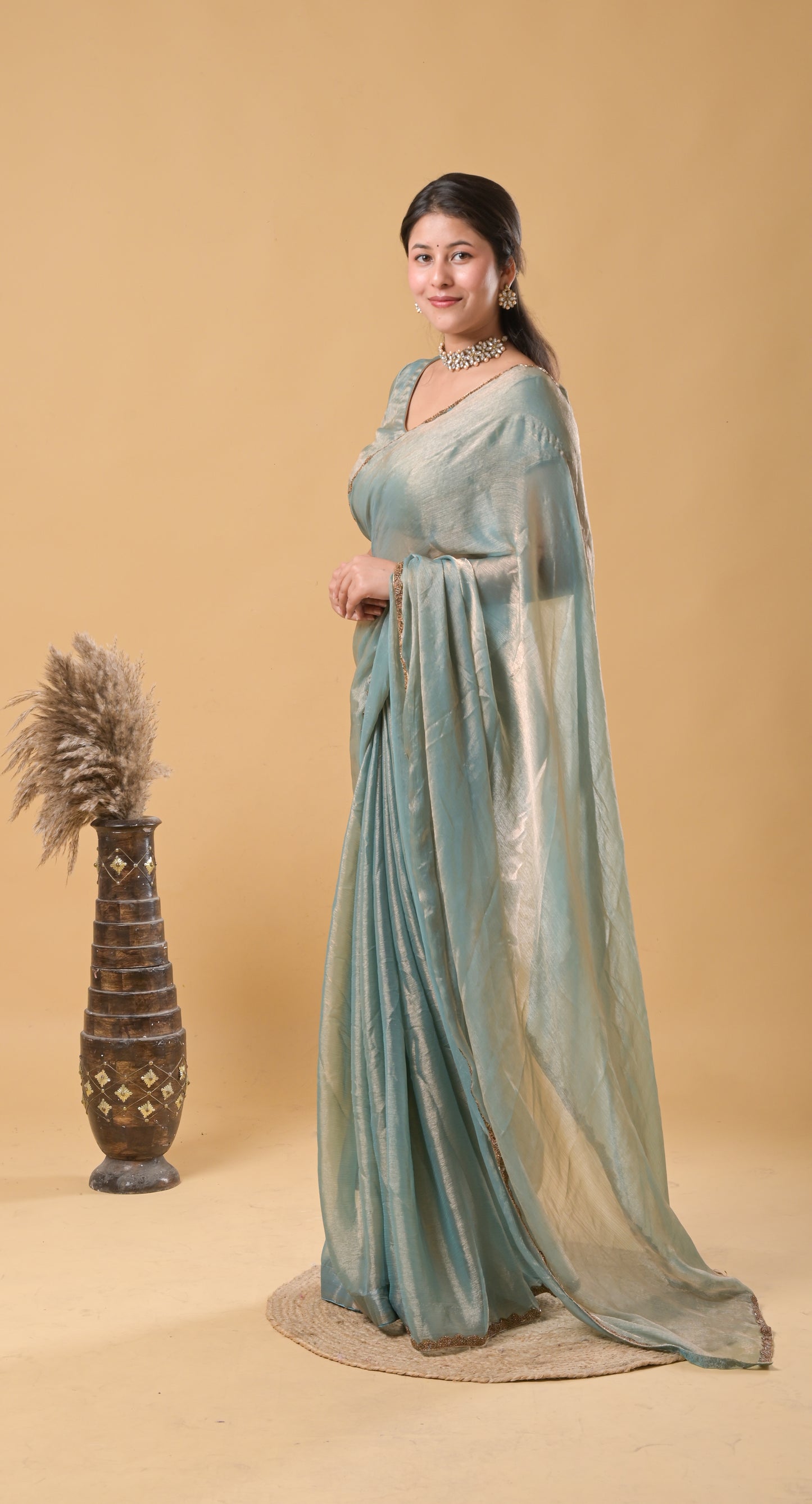 dual shaded blue-gold with golden embroidery fancy chiffon saree with stiched blouse