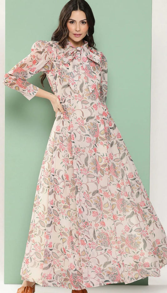 Off White Angrakha Style Georgette Long Dress with Floral Print